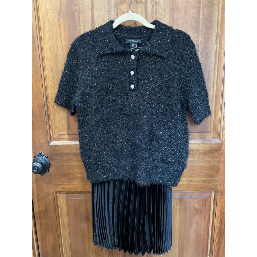 Rachel Zoe NWT Womens Black Metallic Knit Polo Top & Pleated Midi Skirt Set Med - Picture 6 of 11